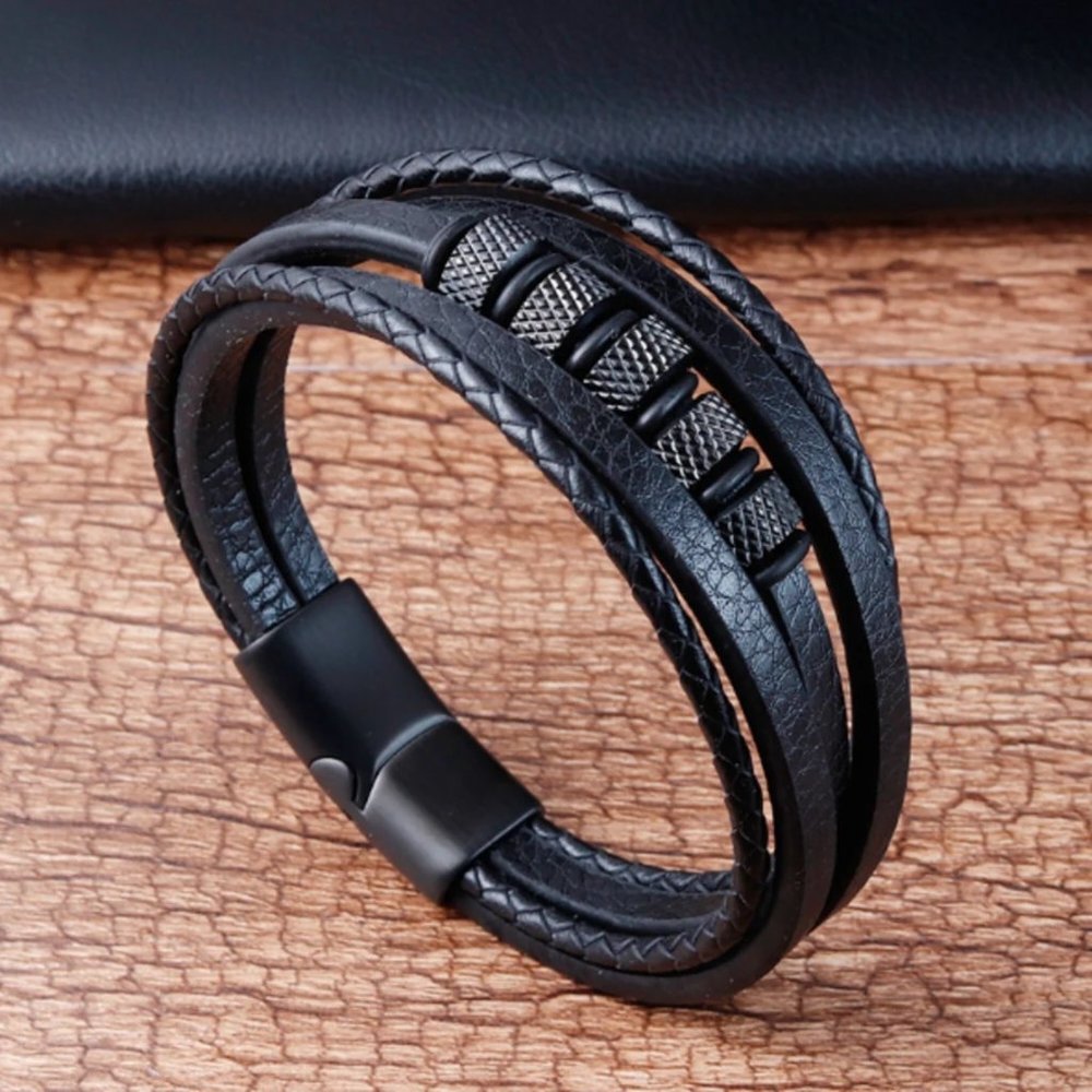 Men's Leather Braided Bracelet Multi Layer Punk Bracelet Bangle Magnetic Clasp